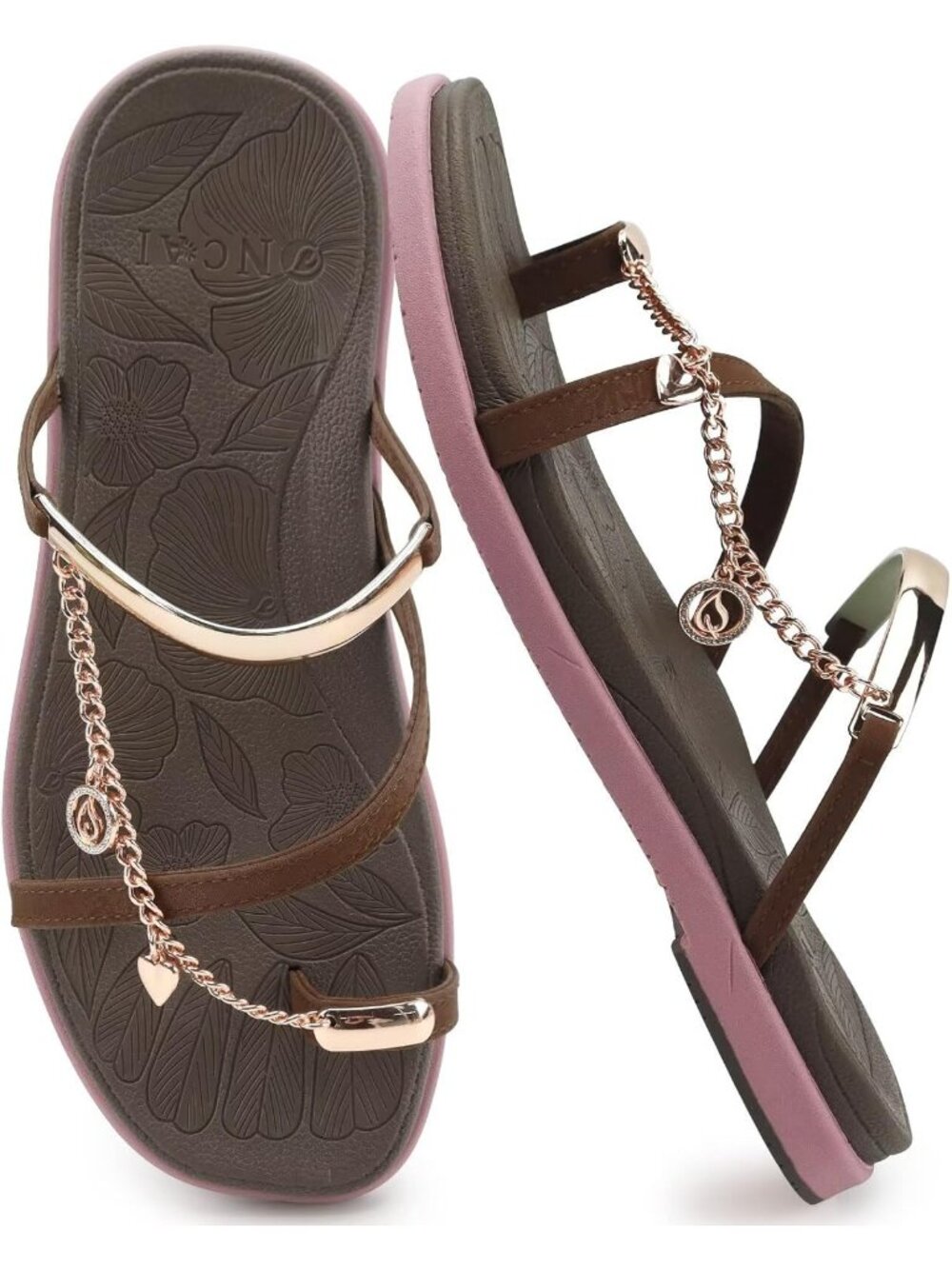 Women's Brown Pink Flat Slides Sandals Toe loop Strappy Square Open Toe Fashion - Picture 1 of 6